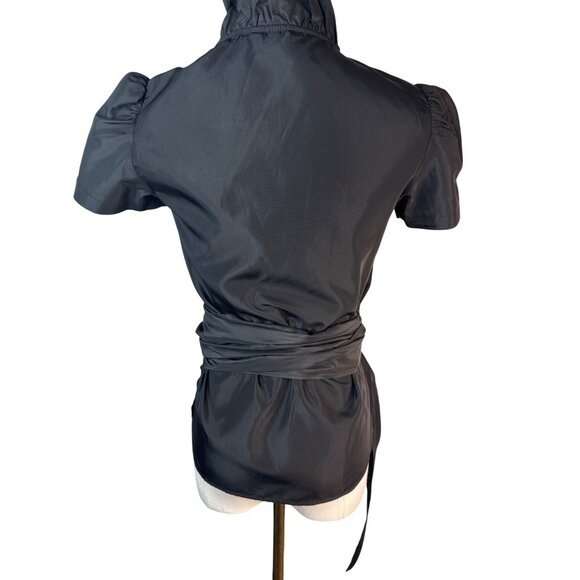 ZARA Black XS Ruffle Neck Wrap Top With Puff Sleeves & Side Sash Tie - Picture 13 of 16